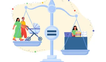 Career or family. Woman with stroller and businesswoman with documents on scales. Comparing entrepreneurship with motherhood. Girl with life balance. Cartoon vector illustration