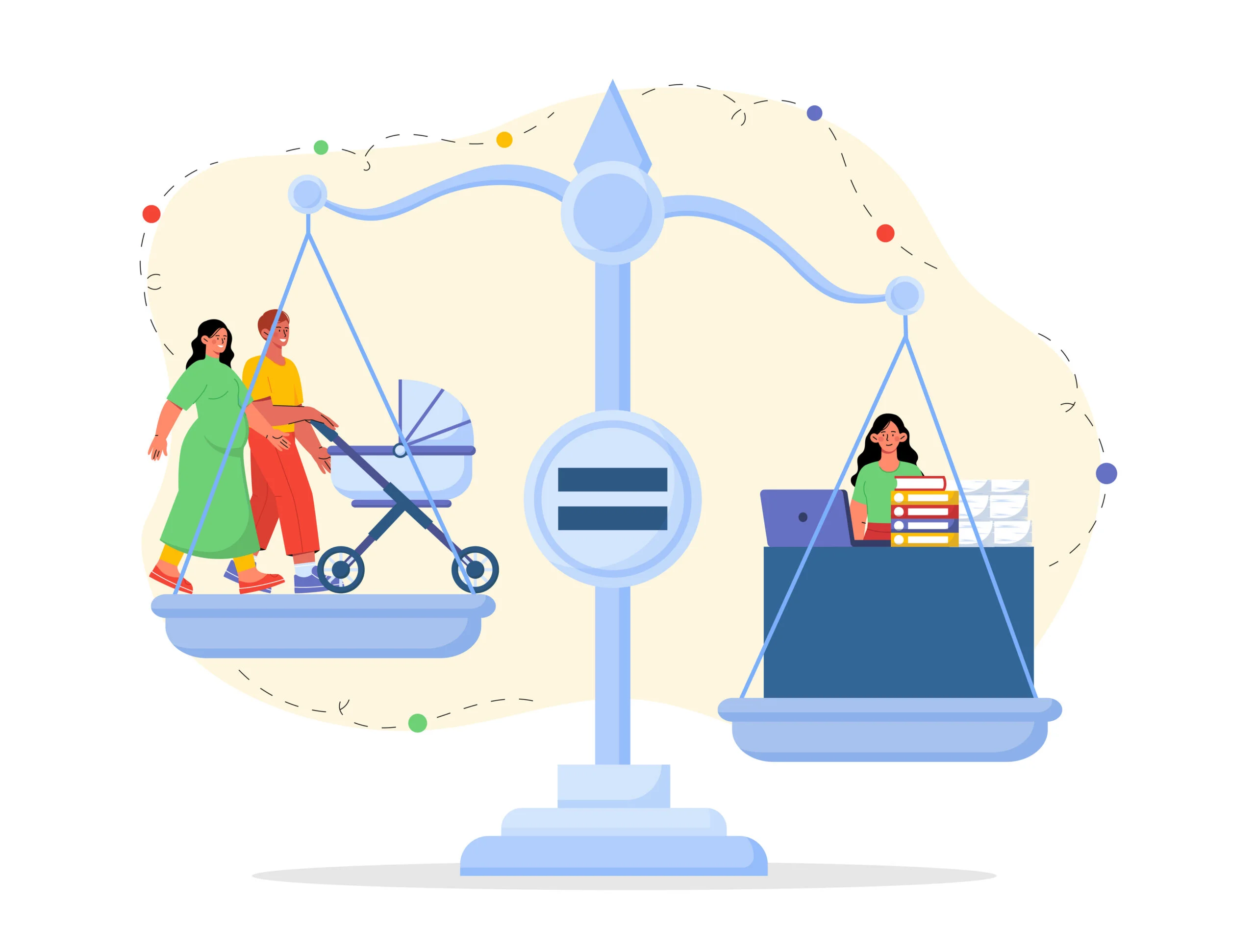 Career or family. Woman with stroller and businesswoman with documents on scales. Comparing entrepreneurship with motherhood. Girl with life balance. Cartoon vector illustration